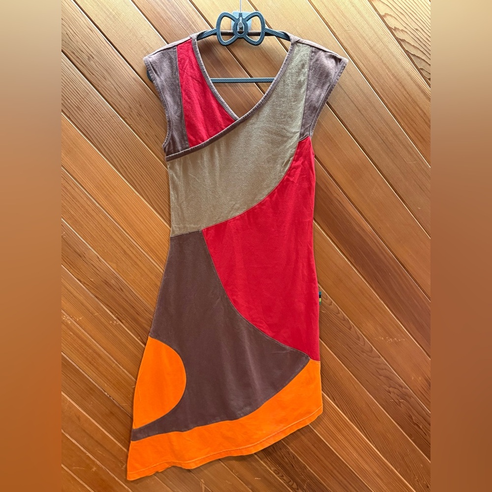 Pygmees Asymmetrical Brown Red Orange French Patchwork Dress